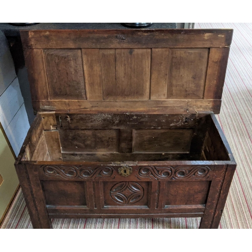 152 - 17TH CENTURY OAK COFFER, jointed construction, original carved frieze and central panel, initialled ... 