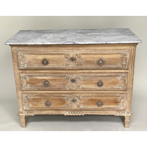 153 - COMMODE, early 19th century French bleached carved oak and silvered metal mounted with three long dr... 