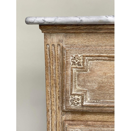 153 - COMMODE, early 19th century French bleached carved oak and silvered metal mounted with three long dr... 