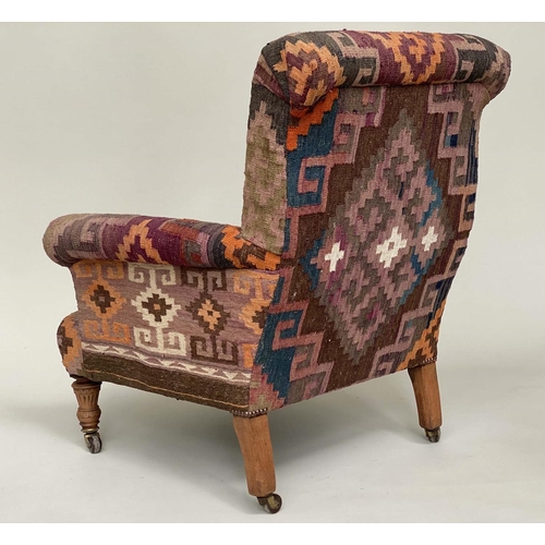 154 - KELIM ARMCHAIR, Victorian walnut and Kelim upholstered with scroll arms and turned supports, 86cm W ... 