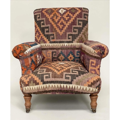 154 - KELIM ARMCHAIR, Victorian walnut and Kelim upholstered with scroll arms and turned supports, 86cm W ... 