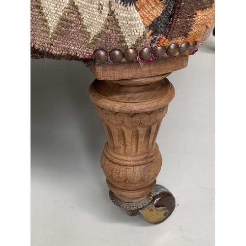 154 - KELIM ARMCHAIR, Victorian walnut and Kelim upholstered with scroll arms and turned supports, 86cm W ... 