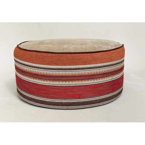 158 - STOOL, circular piped linen and Moorish style woven border, 63cm W x 32cm H .