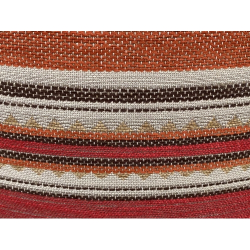 158 - STOOL, circular piped linen and Moorish style woven border, 63cm W x 32cm H .