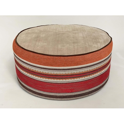 158 - STOOL, circular piped linen and Moorish style woven border, 63cm W x 32cm H .