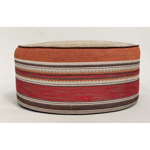 158 - STOOL, circular piped linen and Moorish style woven border, 63cm W x 32cm H .