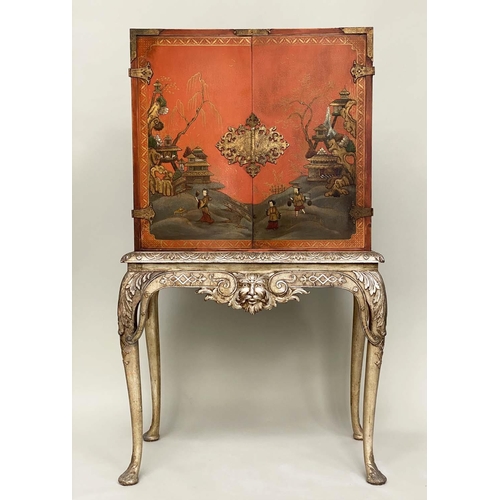 161 - CABINET ON STAND, 1920s scarlet lacquered, gilt polychrome chinoiserie decoration and gilt metal mou... 