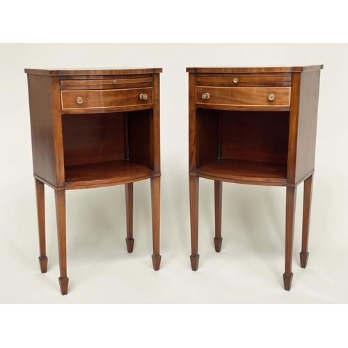 165 - BEDSIDE/LAMP TABLES, a pair, George III mahogany and boxwood lined of bow outline each with drawer, ... 