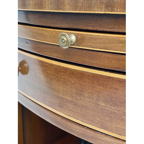 165 - BEDSIDE/LAMP TABLES, a pair, George III mahogany and boxwood lined of bow outline each with drawer, ... 