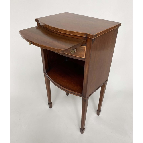 165 - BEDSIDE/LAMP TABLES, a pair, George III mahogany and boxwood lined of bow outline each with drawer, ... 