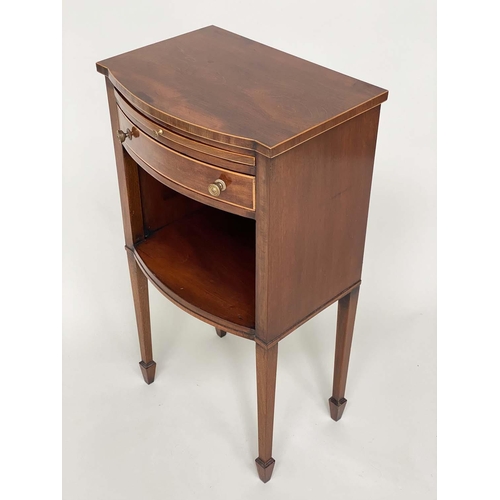 165 - BEDSIDE/LAMP TABLES, a pair, George III mahogany and boxwood lined of bow outline each with drawer, ... 