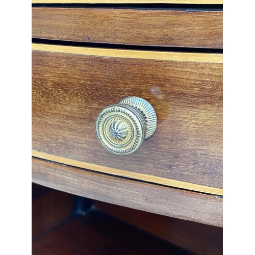 165 - BEDSIDE/LAMP TABLES, a pair, George III mahogany and boxwood lined of bow outline each with drawer, ... 