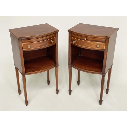 165 - BEDSIDE/LAMP TABLES, a pair, George III mahogany and boxwood lined of bow outline each with drawer, ... 