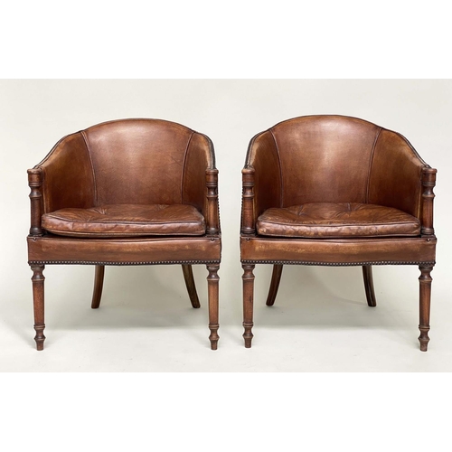 171 - LIBRARY/DESK ARMCHAIRS, a pair, George III design mahogany and brass studded tan leather upholstered... 