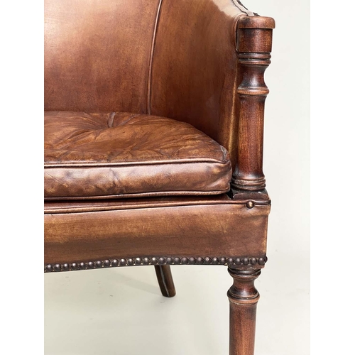 171 - LIBRARY/DESK ARMCHAIRS, a pair, George III design mahogany and brass studded tan leather upholstered... 