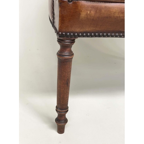 171 - LIBRARY/DESK ARMCHAIRS, a pair, George III design mahogany and brass studded tan leather upholstered... 
