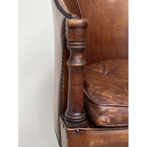 171 - LIBRARY/DESK ARMCHAIRS, a pair, George III design mahogany and brass studded tan leather upholstered... 