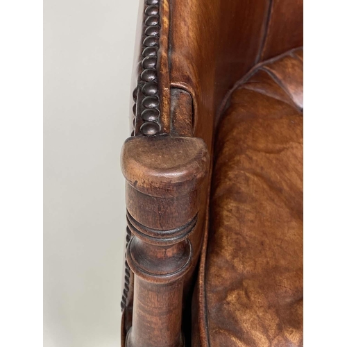 171 - LIBRARY/DESK ARMCHAIRS, a pair, George III design mahogany and brass studded tan leather upholstered... 