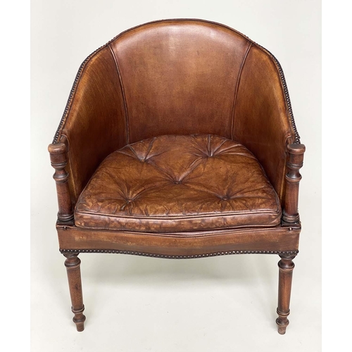 171 - LIBRARY/DESK ARMCHAIRS, a pair, George III design mahogany and brass studded tan leather upholstered... 