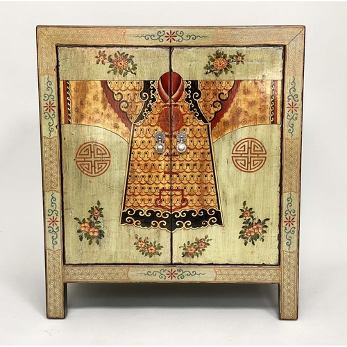 177 - CHINESE SIDE CABINET, vintage pale green lacquered with ancestral coat chinoiserie decorated pair of... 