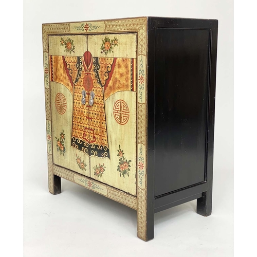 177 - CHINESE SIDE CABINET, vintage pale green lacquered with ancestral coat chinoiserie decorated pair of... 