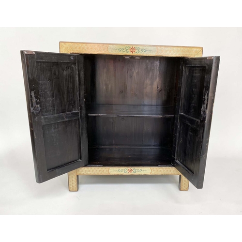 177 - CHINESE SIDE CABINET, vintage pale green lacquered with ancestral coat chinoiserie decorated pair of... 