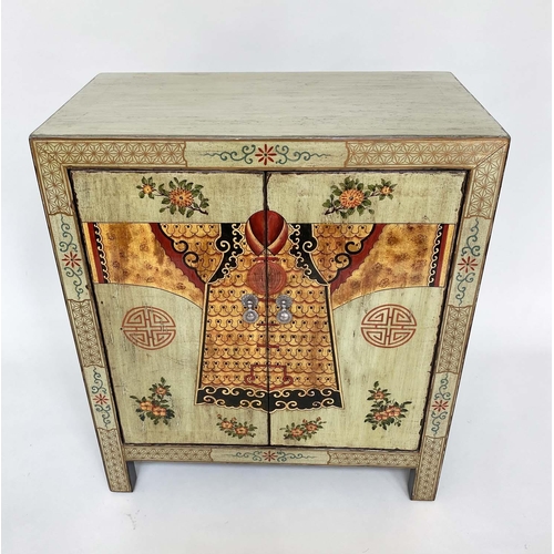 177 - CHINESE SIDE CABINET, vintage pale green lacquered with ancestral coat chinoiserie decorated pair of... 