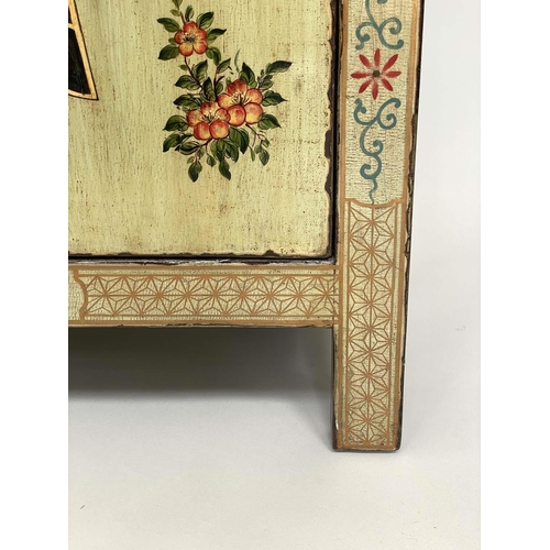 177 - CHINESE SIDE CABINET, vintage pale green lacquered with ancestral coat chinoiserie decorated pair of... 
