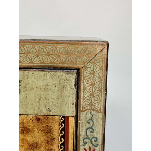 177 - CHINESE SIDE CABINET, vintage pale green lacquered with ancestral coat chinoiserie decorated pair of... 