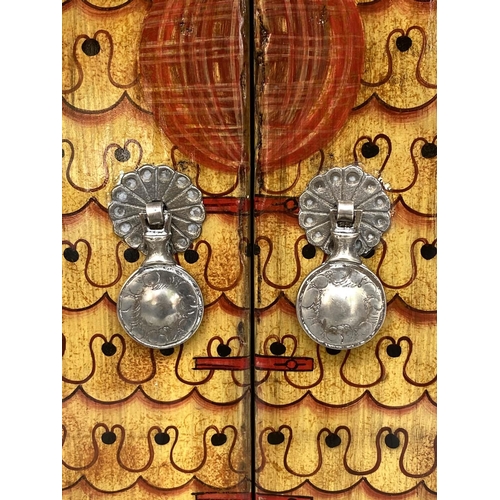 177 - CHINESE SIDE CABINET, vintage pale green lacquered with ancestral coat chinoiserie decorated pair of... 