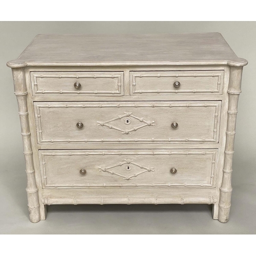 179 - FAUX BAMBOO CHEST, 19th century English grey painted and carved faux bamboo with two short and three... 