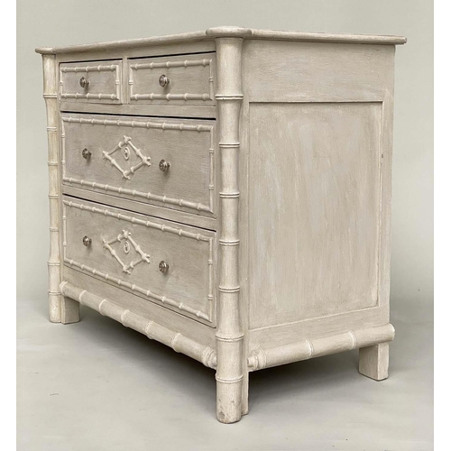 179 - FAUX BAMBOO CHEST, 19th century English grey painted and carved faux bamboo with two short and three... 