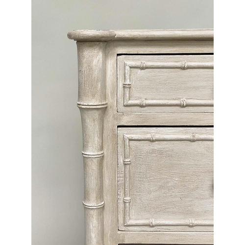 179 - FAUX BAMBOO CHEST, 19th century English grey painted and carved faux bamboo with two short and three... 