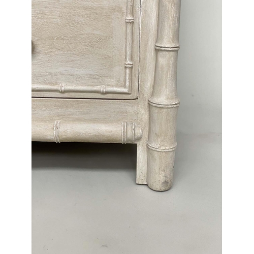 179 - FAUX BAMBOO CHEST, 19th century English grey painted and carved faux bamboo with two short and three... 