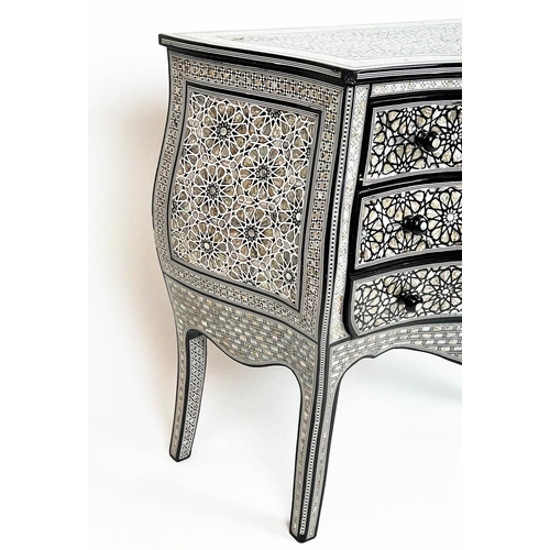 220 - SYRIAN BOMBE COMMODE, mother of pearl inlaid with three long drawers, 78cm H x 85cm x 40cm.