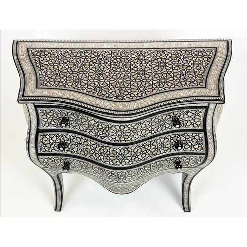 220 - SYRIAN BOMBE COMMODE, mother of pearl inlaid with three long drawers, 78cm H x 85cm x 40cm.