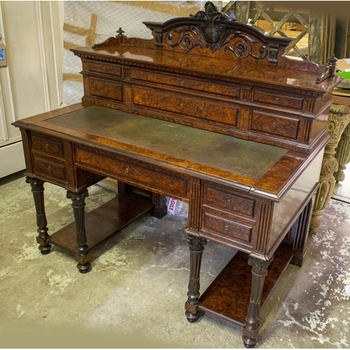 295 - DESK, 125cm H x 124cm x 73cm, Napoleon III amboyna with superstructure of six drawers above a pull o... 