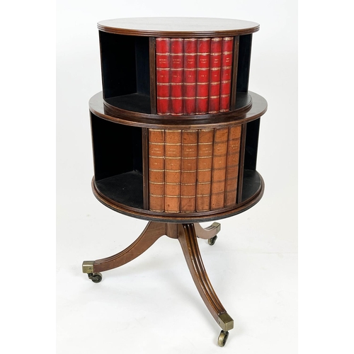 298 - REVOLVING BOOKCASE, 96cm H x 60cm, Regency mahogany with leather faux bookspines on brass castors.