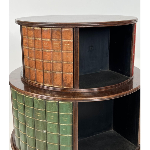 298 - REVOLVING BOOKCASE, 96cm H x 60cm, Regency mahogany with leather faux bookspines on brass castors.