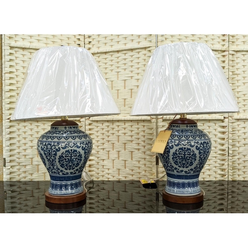 327 - LAUREN RALPH LAUREN HOME TABLE LAMPS, a pair, 60cm H, blue and white ceramic, with shades. (2)