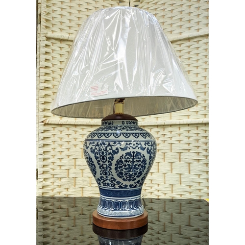 327 - LAUREN RALPH LAUREN HOME TABLE LAMPS, a pair, 60cm H, blue and white ceramic, with shades. (2)