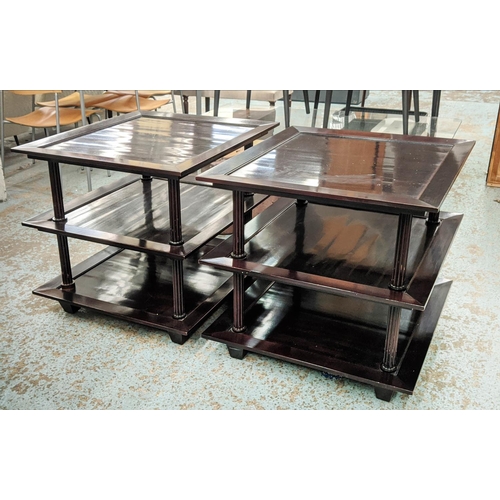 332 - BAKER FURNITURE THREE TIER SIDE TABLES, a pair, by Barbara Barry, 66.5cm x 66.5cm x 67cm. (2)