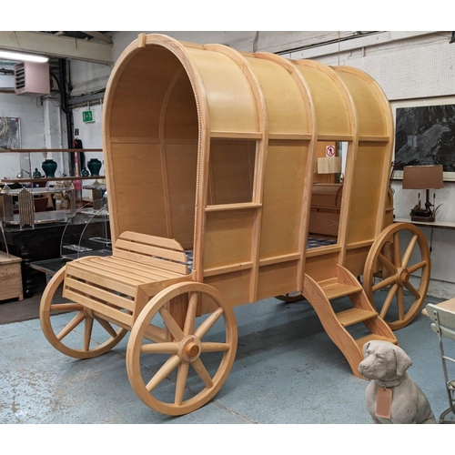 339 - GYPSY CARAVAN BED, Bespoke made design, with bench to front and opening chest to back, 325cm x 140cm... 