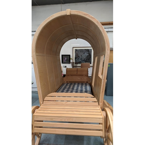 339 - GYPSY CARAVAN BED, Bespoke made design, with bench to front and opening chest to back, 325cm x 140cm... 