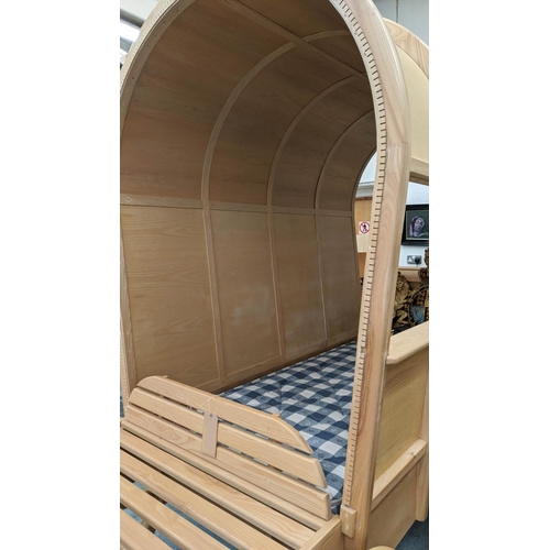 339 - GYPSY CARAVAN BED, Bespoke made design, with bench to front and opening chest to back, 325cm x 140cm... 