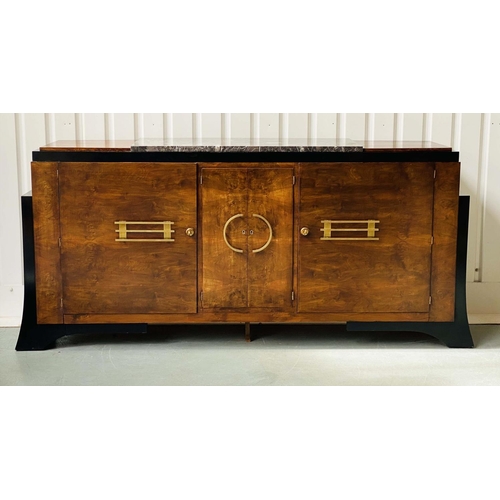 355 - ART DECO SIDEBOARD, walnut and ebonised and gilt metal with four doors and centre enclosed drawers, ... 