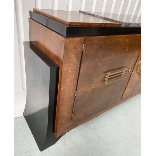 355 - ART DECO SIDEBOARD, walnut and ebonised and gilt metal with four doors and centre enclosed drawers, ... 