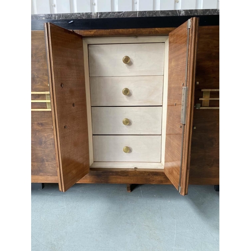 355 - ART DECO SIDEBOARD, walnut and ebonised and gilt metal with four doors and centre enclosed drawers, ... 