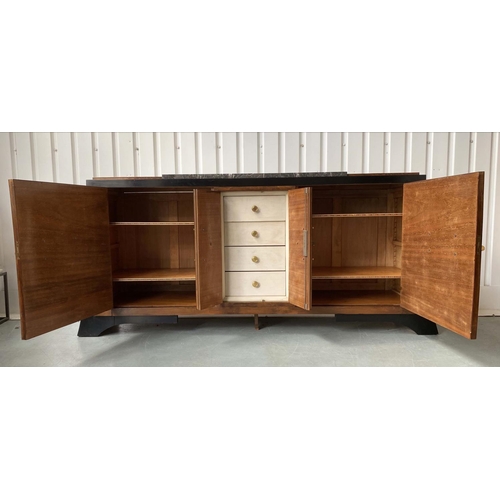 355 - ART DECO SIDEBOARD, walnut and ebonised and gilt metal with four doors and centre enclosed drawers, ... 