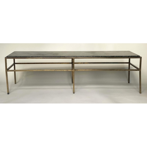 357 - LOW TABLE, 1960s rectangular variegrated green marble on patinated verdigris gilt metal support, 182... 